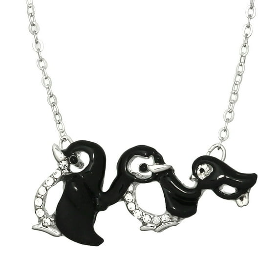 Penguin Family Pendant Necklace Rhinestone Crystal Rhodium High Polished J0318