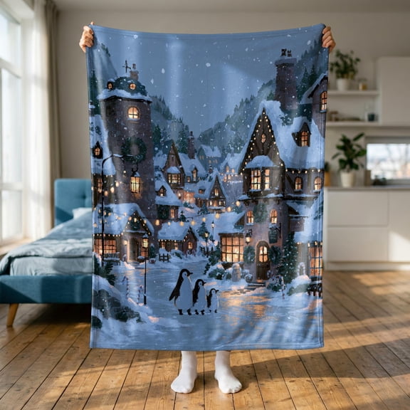 Penguin Family Snowy Winter Village 3D Print Fleece Throw Blanket, 280 GSM Polyester for Sofa, Bed and Living Room Decor