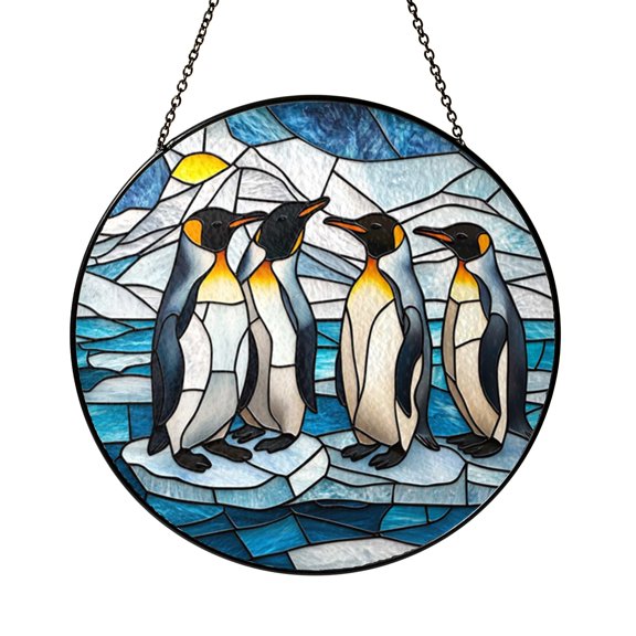 Penguin Family on Ice Stained Glass Style Window Panel Ocean Scene