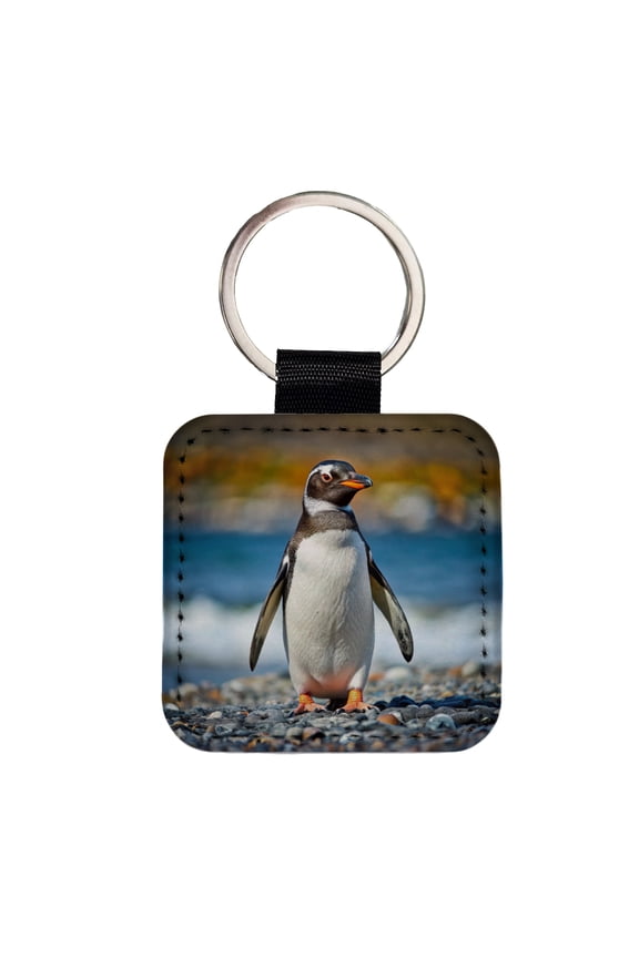 Penguin Faux Leather Square Keychain