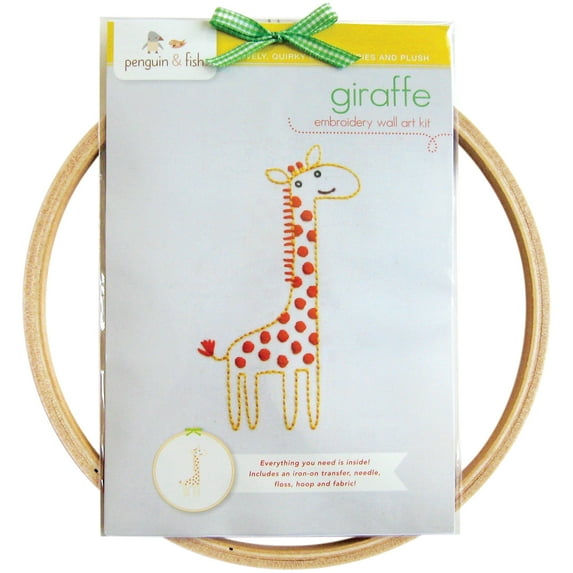 Penguin & Fish Embroidery Kits 8" Round Stitched In Floss-Giraffe