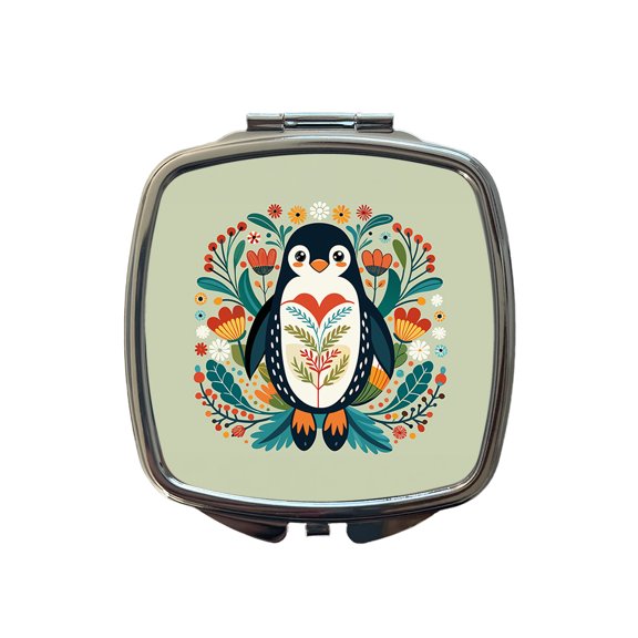 Penguin Floral Flowers Travel Makeup Handbag Purse Small Pocket Compact Mirror