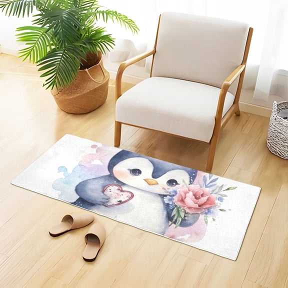 Penguin Flower Heart Bathroom Rug Non Slip Bathroom Mats Entry Door Soft Carpets for Kitchen Bedroom Living Room 39x20 inch