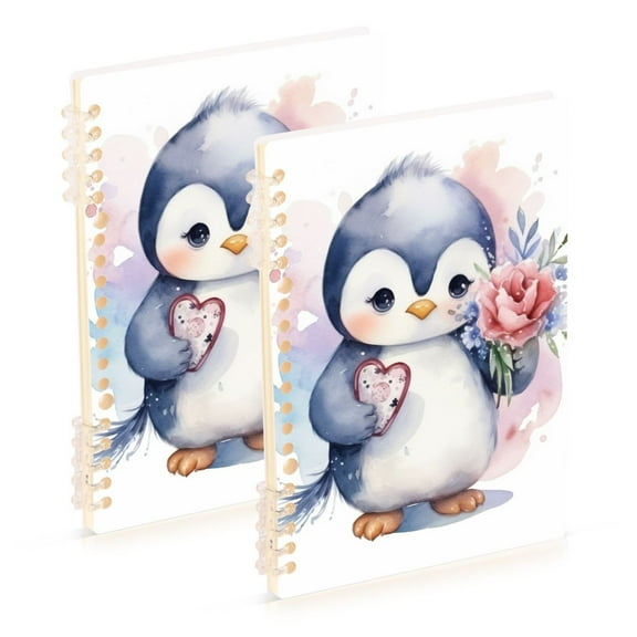Penguin Flower Heart Ring Binder Notebook Journey Note Diary College Ruled Spiral Notebook Study Loose Leaf Paper A5 60 Pages