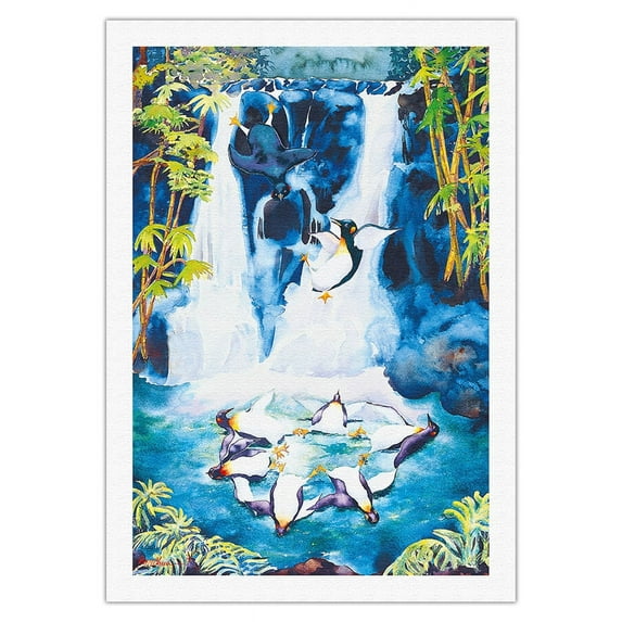 Penguin Follies - Playful Penguins in Hawaiian Waterfall (Wailele) - From an Original Hawaii Watercolor Painting by Peggy Chun - Fine Art Rolled Canvas Print 27in x 40in