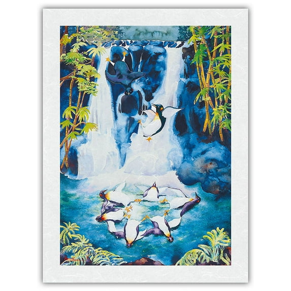 Penguin Follies - Playful Penguins in Hawaiian Waterfall (Wailele) - From an Original Hawaii Watercolor Painting by Peggy Chun - Japanese Unryu Rice Paper Art Print (Unframed) 18 x 24 in