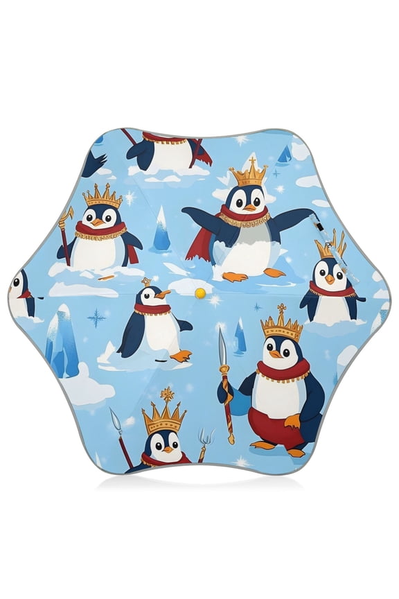 Penguin Glacier Crown Pattern Kids Umbrella Rain Umbrella Clear Grip Handle Folding Umbrellas UV50+ 35in