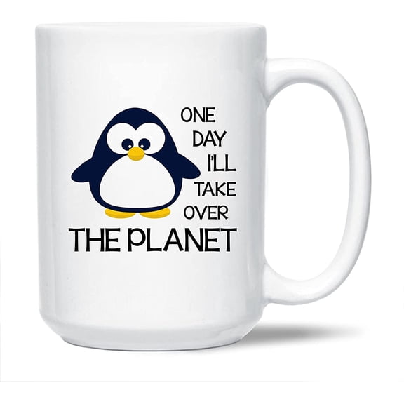 Penguin Graphic Ceramic Coffee Mug, One Day I'll Take Over The Planet White Mug Cup, Penguin Coffee Mug Cup Gift Ideas, Awesome Penguin Porcelain Teacup 15 Oz.
