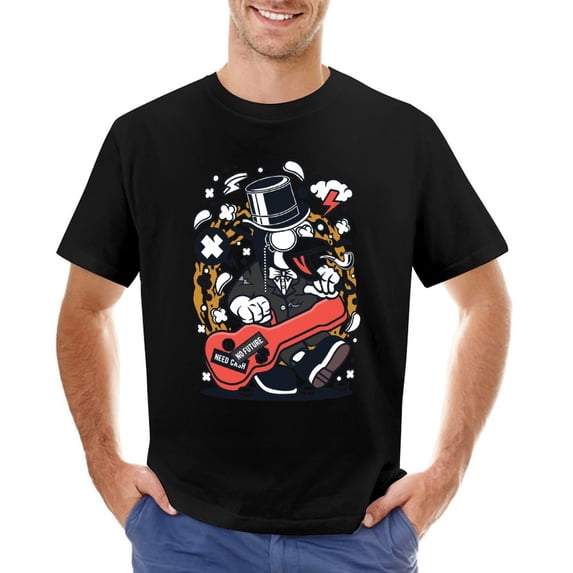 Penguin Guitar Men’s T-Shirt 100% Cotton Casual Short Sleeve Tops Gift Tee Black S