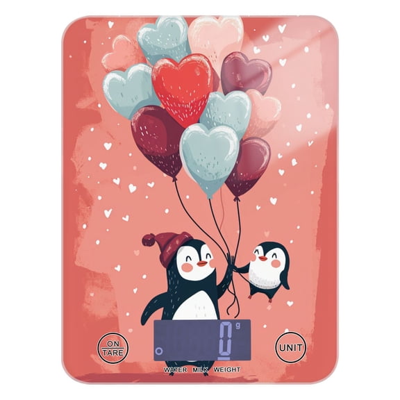 Penguin Hearts Balloons Food Scale Digital Kitchen Scale Waterproof Tempered Glass Tare Function 11 lb for Baking Cooking Meal Prep