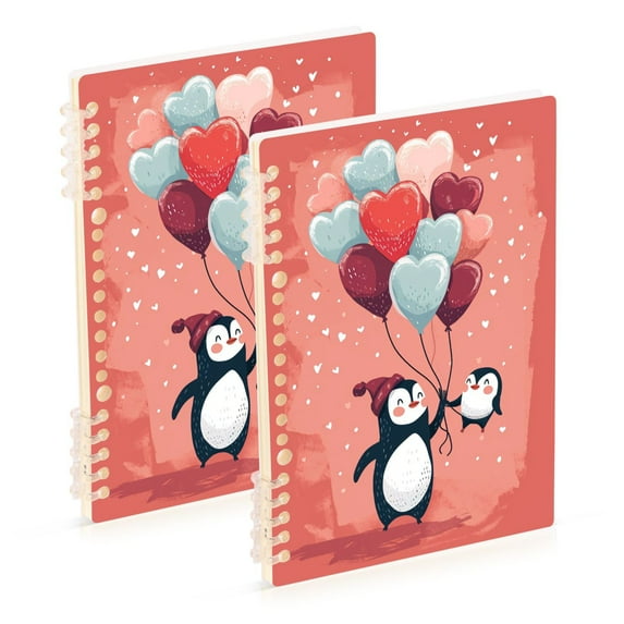 Penguin Hearts Balloons Ring Binder Notebook Journey Note Diary College Ruled Spiral Notebook Study Loose Leaf Paper A5 60 Pages