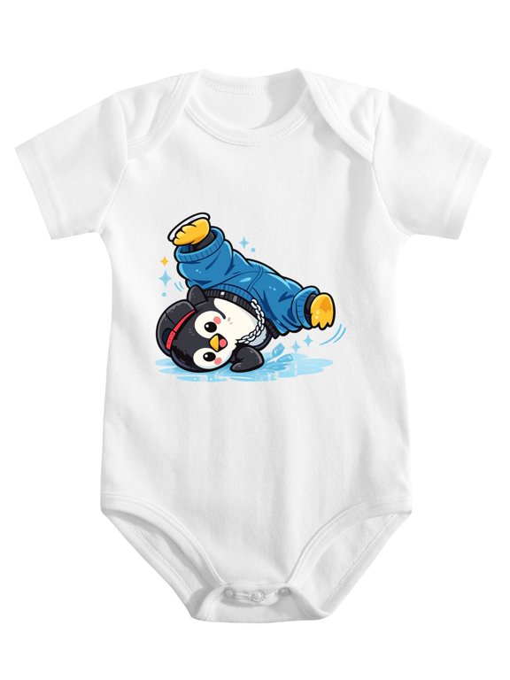 Penguin Hip Hop Ice Dance Baby Bodysuit, 100% Cotton Short Sleeve Snap Romper, 0-12 Months