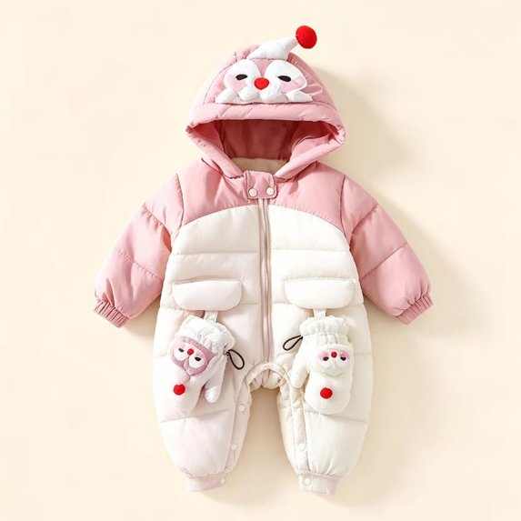Penguin Hooded Jumpsuit for Boys Girls with Mitten Color Block Padded Zip Up Baby Winter Fleece Lined Romper