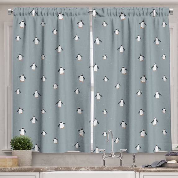 Penguin Kitchen Curtains, Minimal Pattern of Arctic Fauna Birds, Two Panels Drapes with Rod Pocket Room Decor, 55" X 45", Blue Grey Charcoal Grey, by Ambesonne