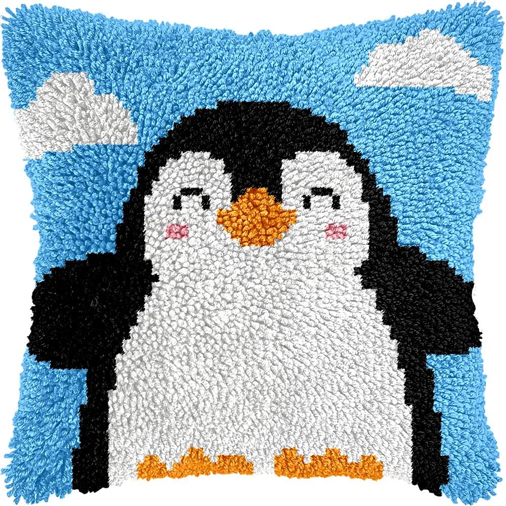 Penguin Latch Hook Pillow Cover Kits for DIY Handmade Throw Pillow Cross Stitch Latch Hooking Pillowcase Kits with Preprinted Color Pattern Canvas Crochet Yarn Kits 17''X 17''(7-90)