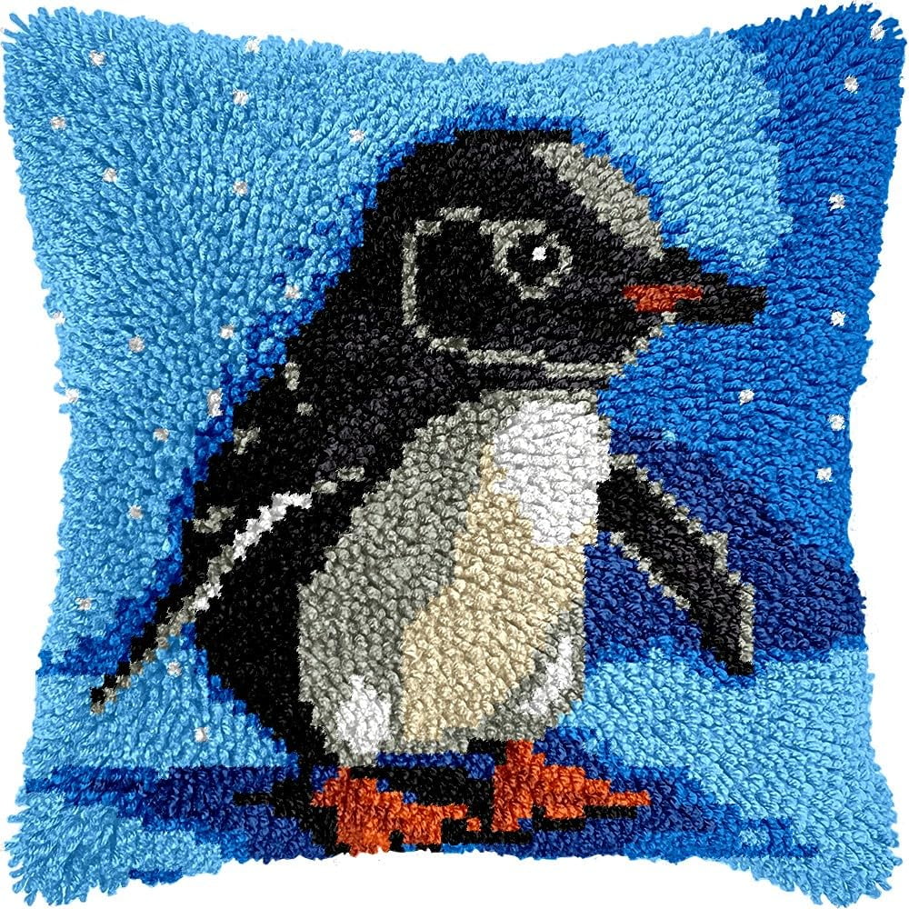 Penguin Latch Hook Pillow Kits for DIY Handmade Throw Pillow Cushion Embroidery Latch Hooking Pillowcase Kits with Preprinted Canvas Crochet Yarn Kits 17''X 17''(g11)