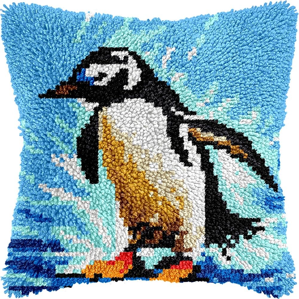 Penguin Latch Hook Pillow Kits for DIY Throw Pillow Cushion Embroidery Latch Hooking Pillowcase Kits with Preprinted Canvas Crochet Yarn Kits for Home Decor 17''X 17''(d290)
