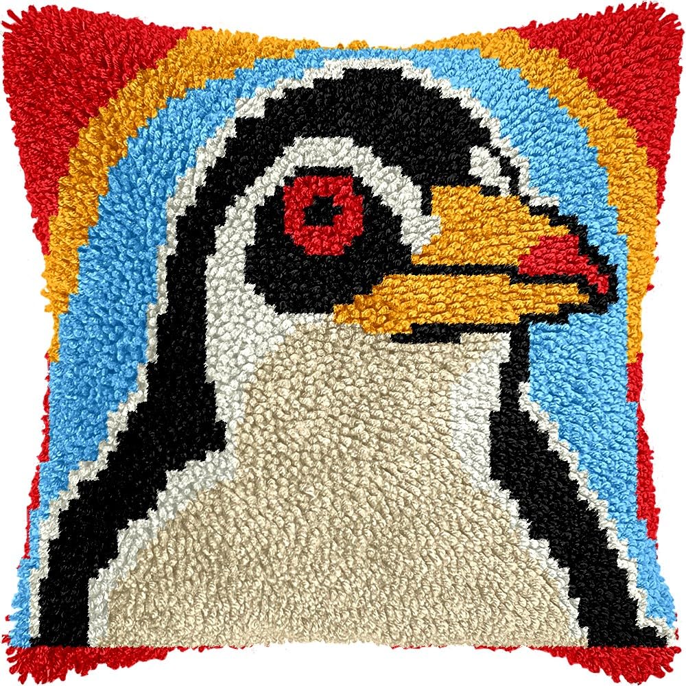 Penguin Latch Hook Pillow Kits for DIY Throw Pillow Cushion Embroidery Latch Hooking Pillowcase Kits with Preprinted Canvas Crochet Yarn Kits for Home Decor 17''X 17''(d37)