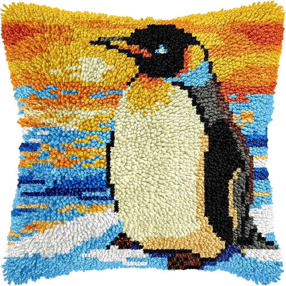 Penguin Latch Hook Pillow Kits for DIY Throw Pillow Cushion Embroidery Latch Hooking Pillowcase Kits with Preprinted Canvas Crochet Yarn Kits for Home Decor 17''X 17''(C192)