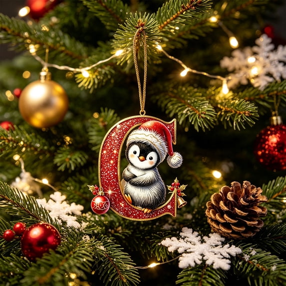 Penguin Letter Christmas Ornament,2D Personalized Initial Hanging Ornament for Christmas Tree,DIY Xmas Decor,Holiday Gift for Family,Friends(C)