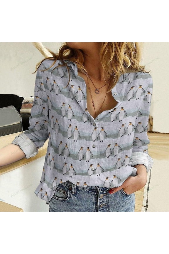Penguin Linen-Look Shirt, Penguin Women Blouses Shirt, Bird Long Sleeve Shirt, Animal Ocean Long Sleeve Shirt, Gift For Her, Penguin Gift