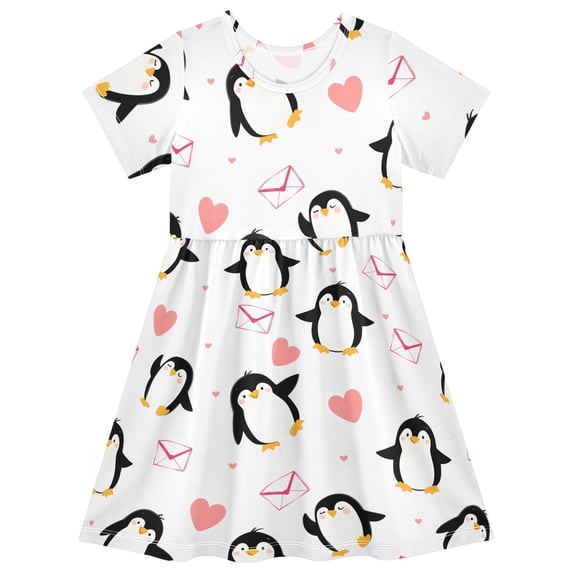 Penguin Love Pattern Girls Short Sleeve Dress A Line Sun Protection Breathable Comfort Sundress 3T
