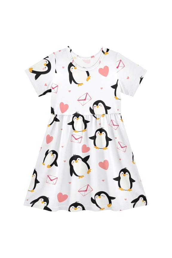 Penguin Love Pattern Girls Short Sleeve Dress A Line Sun Protection Breathable Comfort Sundress 3T