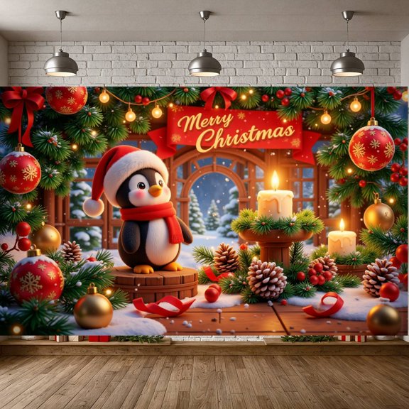 Penguin Merry Christmas Banner Red Ornaments Christmas Display Gold Decorations Santa Hat Xmas Backdrop for Christmas Party Family Party Indoor Celebration