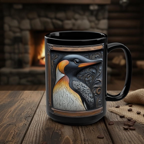 Penguin Mug, Rustic Wood Effect Cute Penguin Coffee Cup, Arctic Animals Nature Wildlife Bird Lover Gift, South Pole Antarctic Ocean Life Art