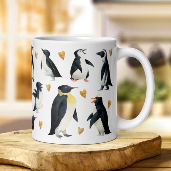 Penguin Mug, Seabird Coffee Cup with Emperor, King and Ae Penguins, Gift Penguin Lovers, Animal Mug.