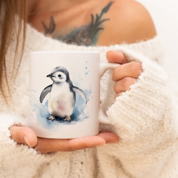 Penguin Mug Watercolor Animal Mug Ceramic Coffee Mug with Animal Motif Tea Cup Gift and Family Mug.