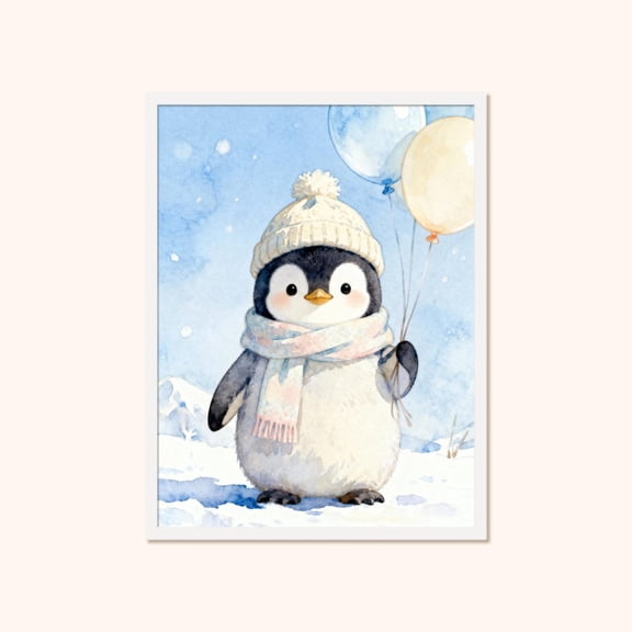 Penguin Nursery Wall Art, Winter Penguin With Balloons For Room, Unframed Poster Size 24x36
