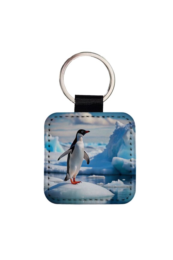 Penguin On Ice Flow Faux Leather Square Keychain