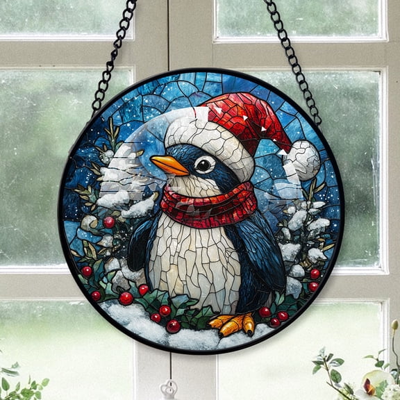 Penguin Ornament Christmas 2025, Penguin Stained Glass Hanging Window Decoration Unique Glass Panel for Natural Light Display