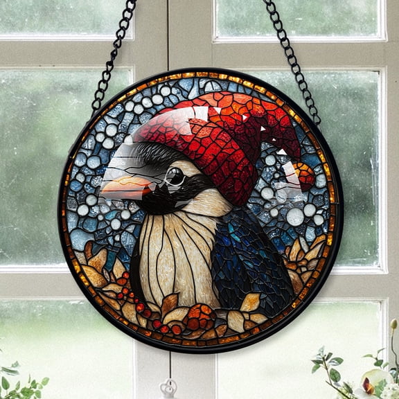 Penguin Ornament Christmas 2025, Penguin Stained Glass Window Panel  Elegant Handmade Glass Artwork for Home Decoration