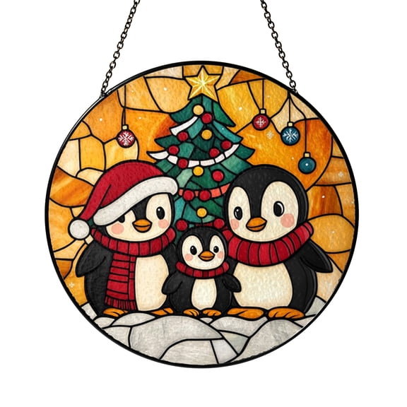 Penguin Parent and Baby Stained Glass Style Suncatcher Window Decor, Decorative Penguin Glass Style Hanging Panel for Animal Lover Window Ornament Gift