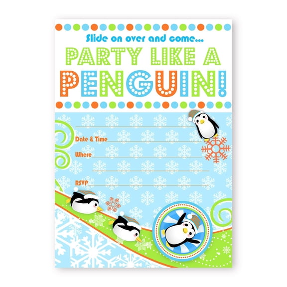 Penguin Party LARGE Invitations - 10 Invitations + 10 Envelopes - Orange