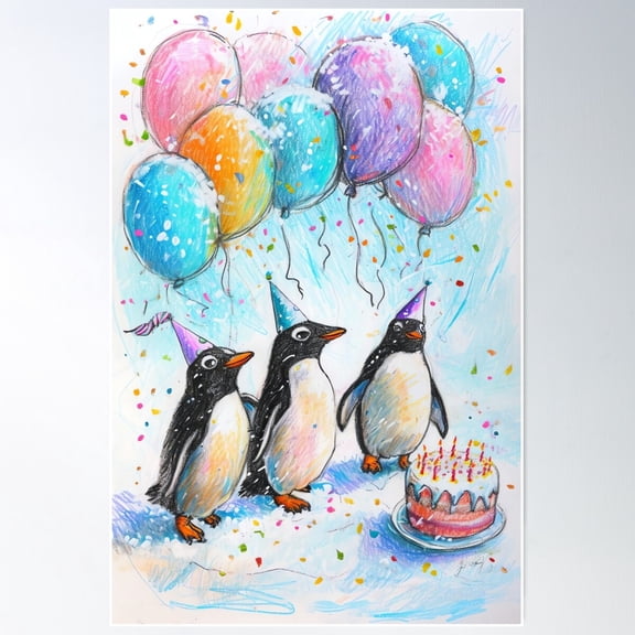 Penguin Party On Ice Poster Wall Art, Modern Wall Decor For Living Room Bedroom, 24x36 UNFRAMED