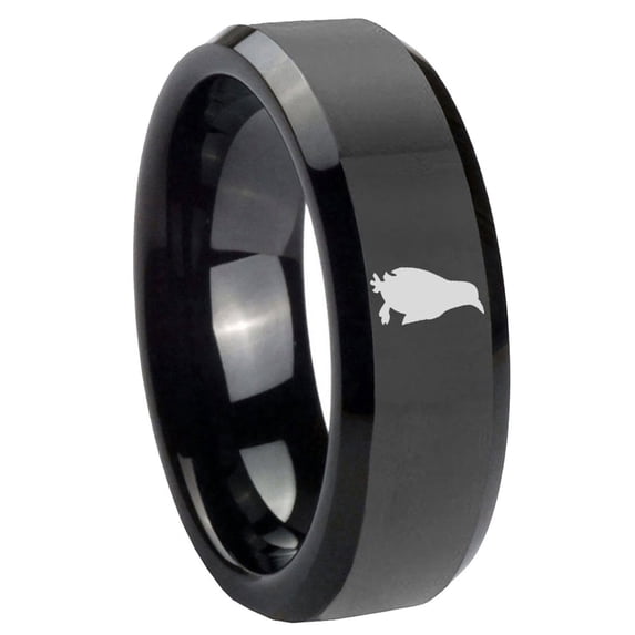 Penguin Pattern 8MM Beveled Edge Polish Black Tungsten Men Ring