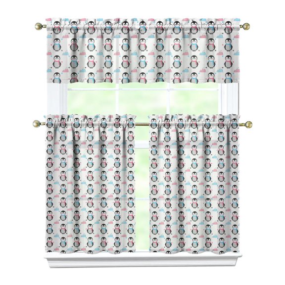 Penguin Pattern Kitchen Curtains Set of 3 - White Snow-Themed Tier Window Curtains with Valance (54x18 + 2x27.5x36 Inch) Easy Care Rod Pocket Design