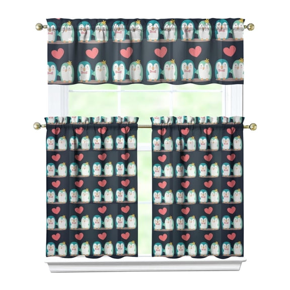 Penguin Pattern Kitchen Curtains Set of 3 - White Snow-Themed Tier Window Curtains with Valance (54x18 + 2x27.5x36 Inch) Easy Care Rod Pocket Design