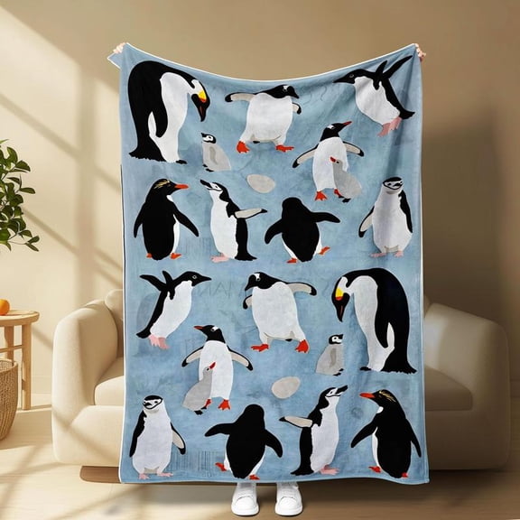 Penguin Pattern Throw Blanket – Ideal for Sofa, Bed, Travel & Flight, Lightweight Cool Blanket