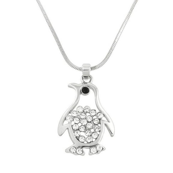 Penguin Pendant Necklace or Earring Rhinestone Crystal Rhodium Plated 17 Inch Snake Chain J0586-CR