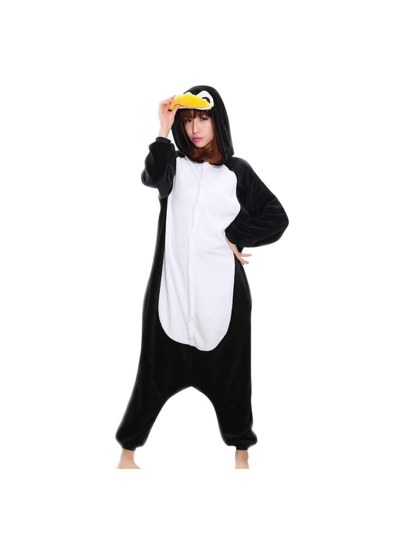Penguin Plush, Black Flannel Fabric, Unisex One-Piece Pajamas, Cold Weather Loungewear, Couples Sleepwear, Black White, Multiple Sizes, 1 Pc