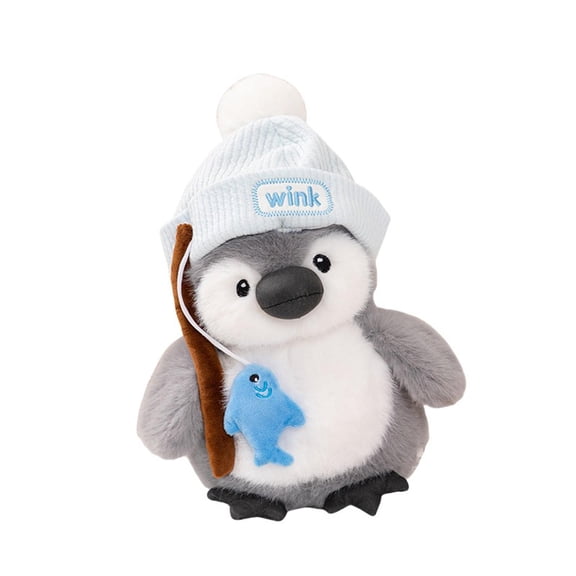 Penguin Plush Toy, Super Soft Cute Stuffed Animal with Knit Pom Pom Hat and Mini Blue Fish Decor, 9.8 inch Single Adorable Plush Figure, Ideal for Kids Birthday Gift Bedroom Decor Playtime Companion