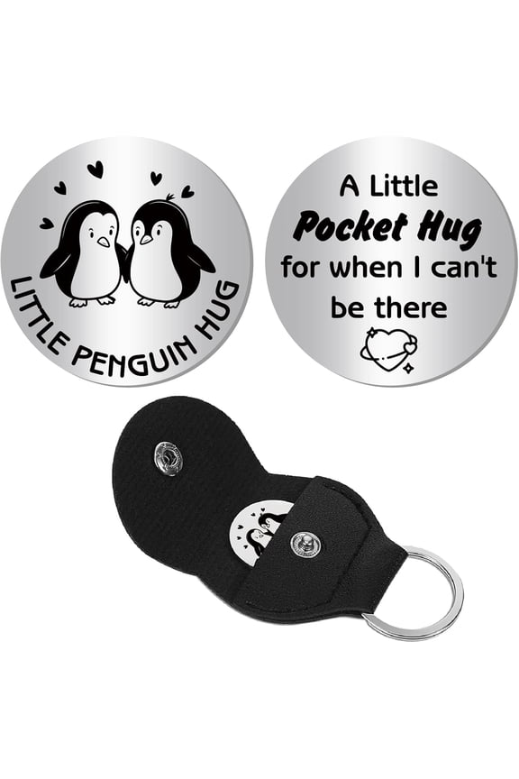 Penguin Pocket Hug Token Long Distance Keepsake Stainless Steel Token Social Relationship Double Sided Words with PU Leather Keychain 1.2x1.2 Inch
