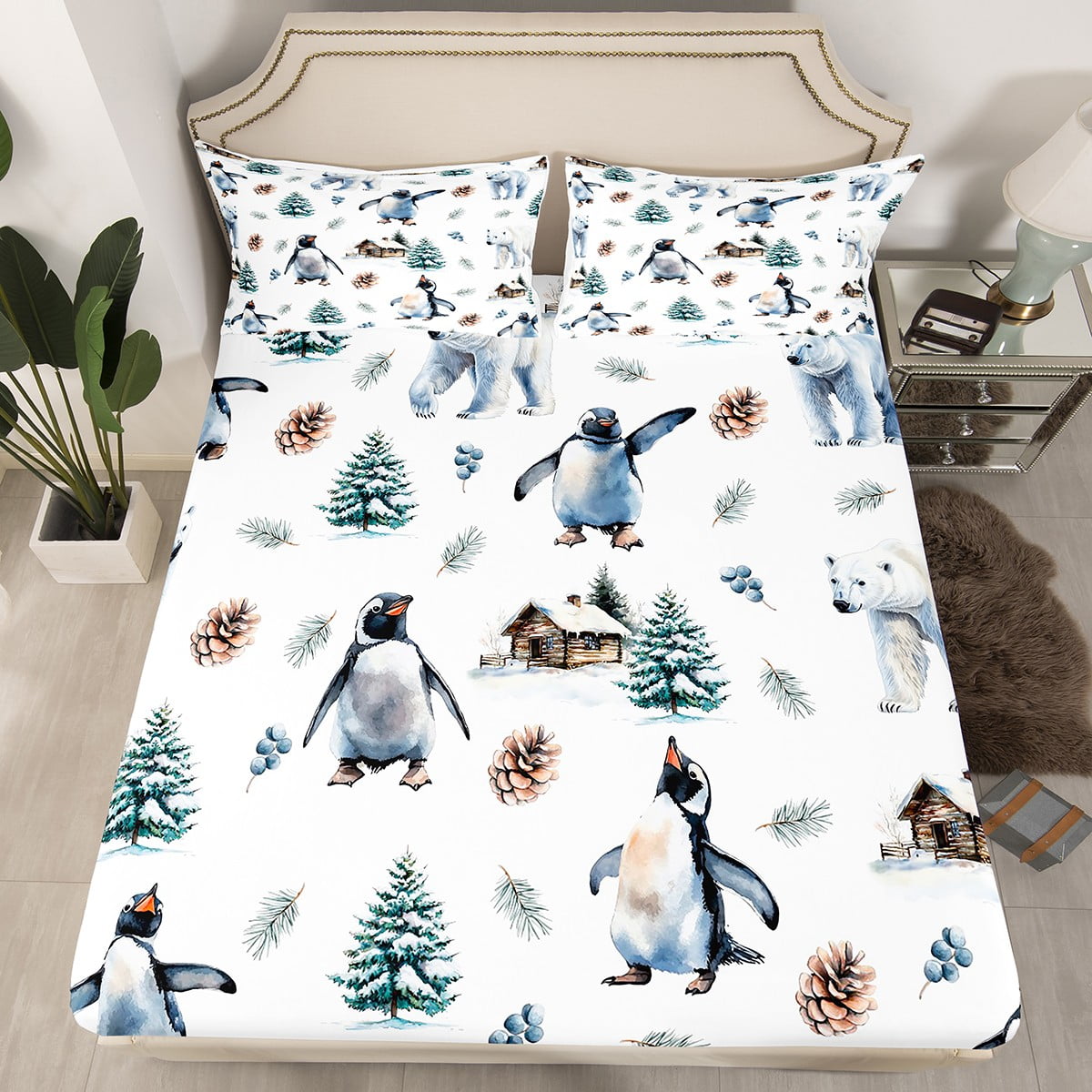 Penguin Polar Bear Full Size Fitted Sheet,Rustic Cabin Lodge Sheets ...