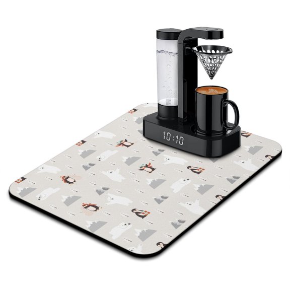 Penguin Print Coffee Maker Mat - 4-Layer Absorbent & Non-Slip Drying Mat for Coffee Station, Cartoon Penguin Pattern Counter Protector