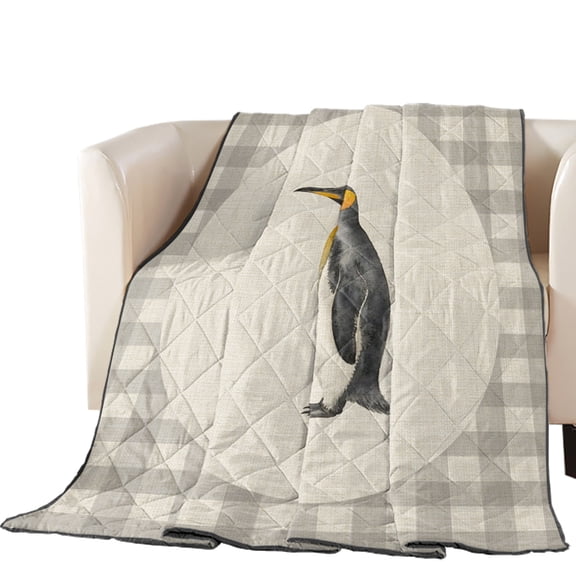 Penguin Quilted Comforters Cooling Blanket Oversized King Size, Gray Plaid Modern Funny Animal Rustic Cold Comfort for Hot Sleepers Lightweight Air Conditioning Quilt Blanket for Bed