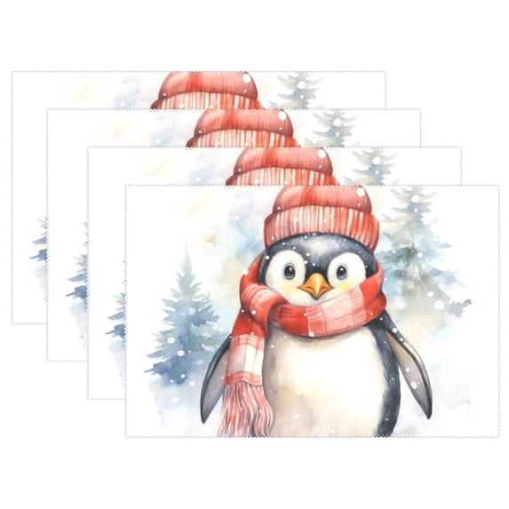 Penguin Scarf Hat Trees 12×18 inch Placemats Heat Resistant Washable Foldable Rectangular Placemats Set Decoration Indoor Outdoor for Kitchen Dining Table 6PCs